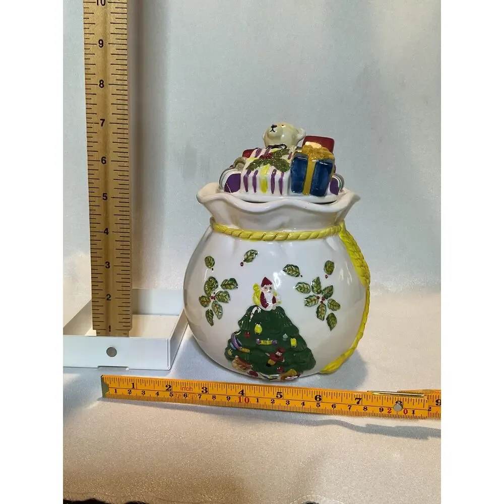 Spode Christmas Tree Teddy Bear Gifts Ceramic Cookie Candy Jar w/Lid 7